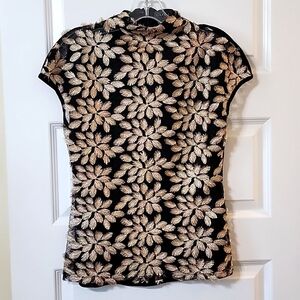 GRACIA MESH APPLIQUE BLACK GOLD SLEEVELESS TOP SZ L